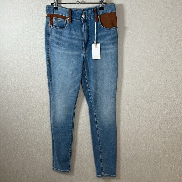 Good American Good Legs Suede Mixing Skinny Jeans Denim Light Wash Mixed - Picture 3 of 9